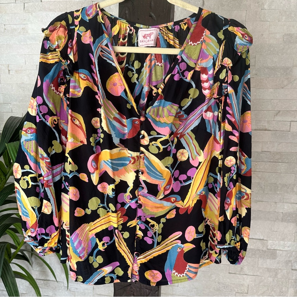 BANJANAN Elise Tropical Floral Bird Multicolor Viscose Blouse Size M - Picture 2 of 9